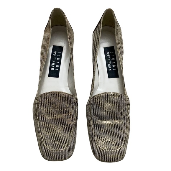 Stuart Weitzman Loafer Flat Gold Accent Snakeskin square toe leather soles - Picture 5 of 17